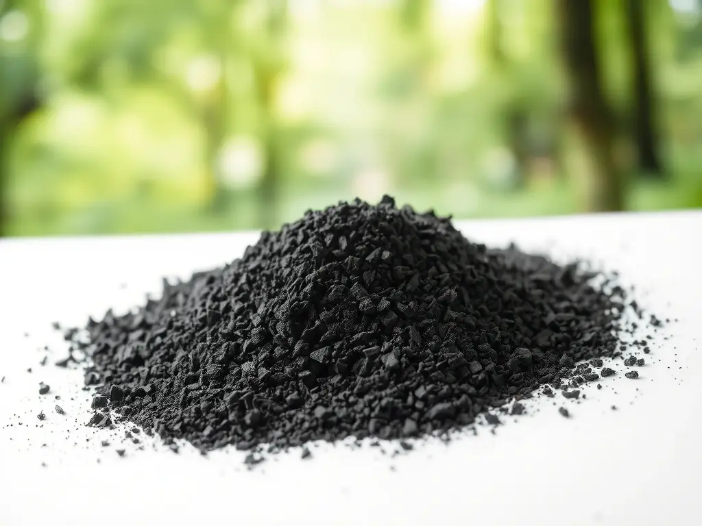 A pile of sustainably sourced charcoal fines, showcasing their fine texture and potential for use in creating eco-friendly charcoal briquettes or as a soil amendment.