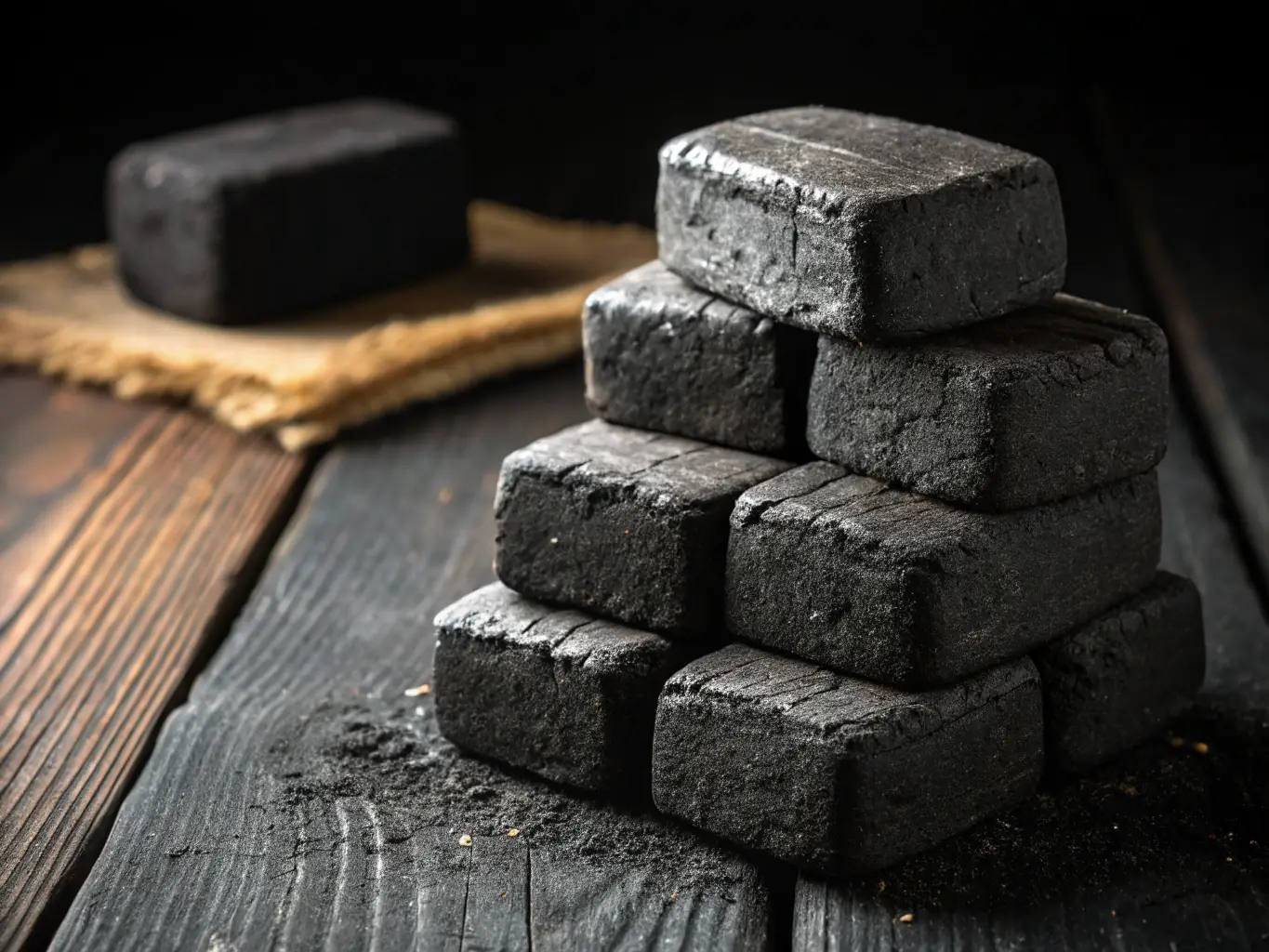 A bag of Restaurant Grade Charcoal Briquettes, neatly stacked, emphasizing their uniform size and density, ideal for consistent heat and extended burn times in professional settings.